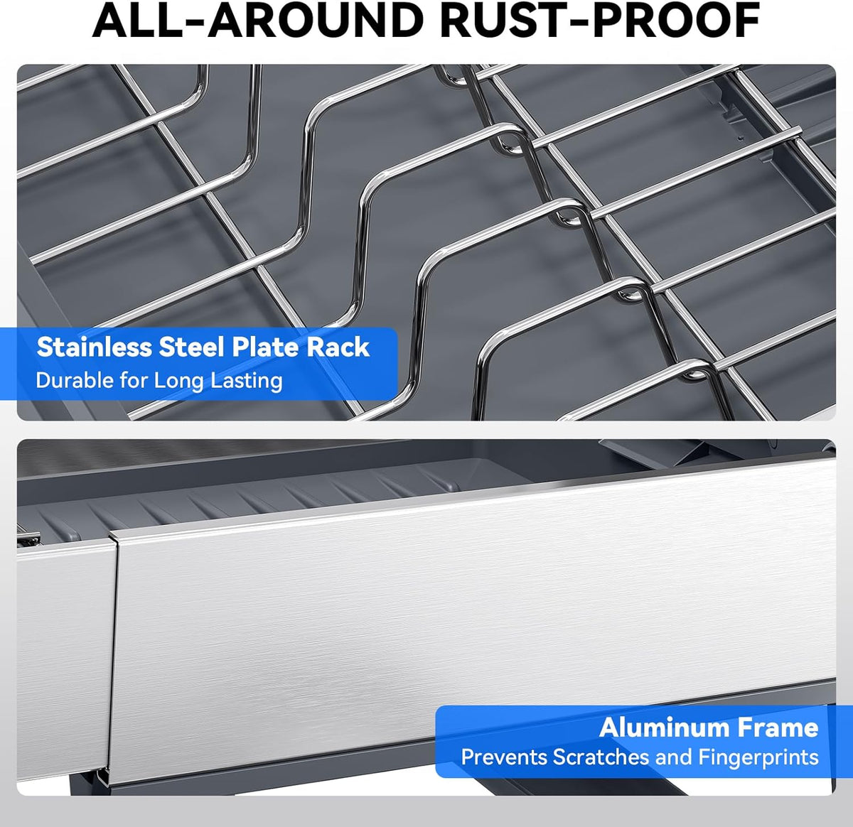 Expandable Dish Drying Rack, Stainless Steel Dish Rack with Aluminum Frame, Dish Drainer for