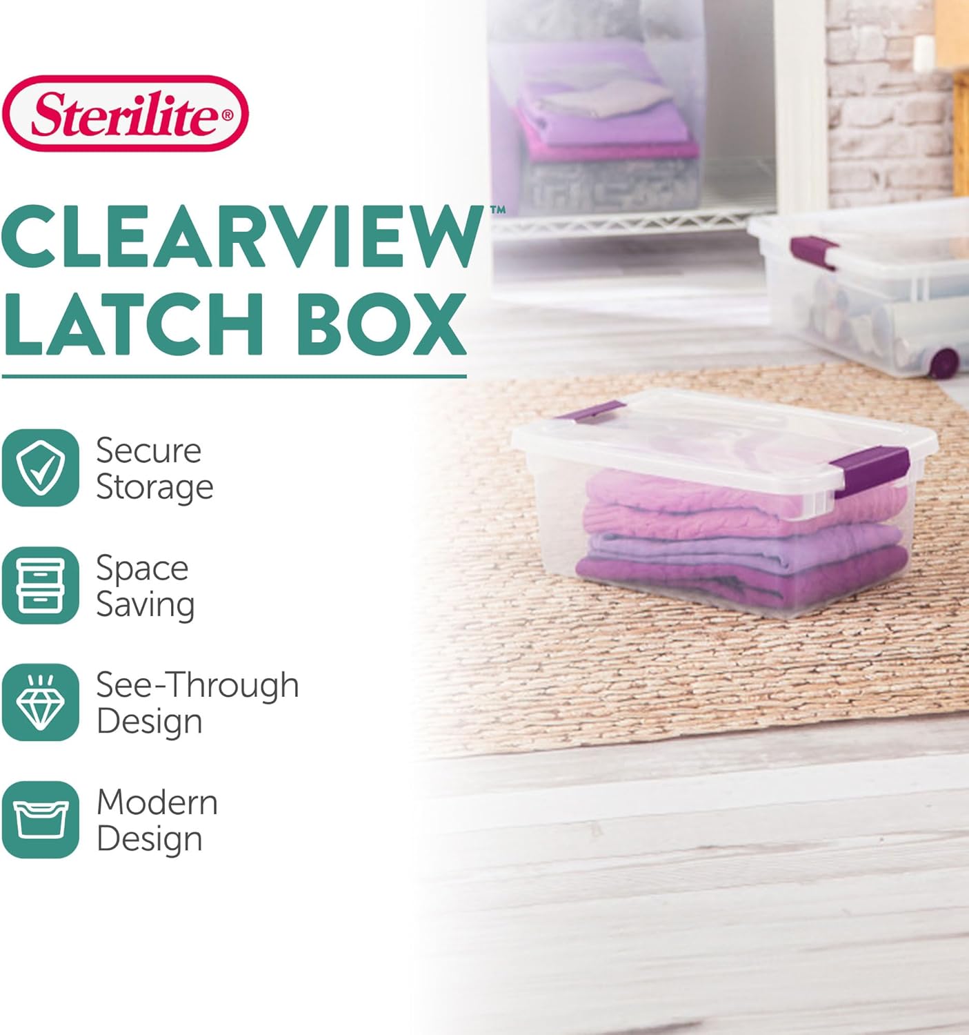 Sterilite 48-Pack 15 Quart ClearView Latch Box, Stackable Organizer Bins with Latching Lids - Clear