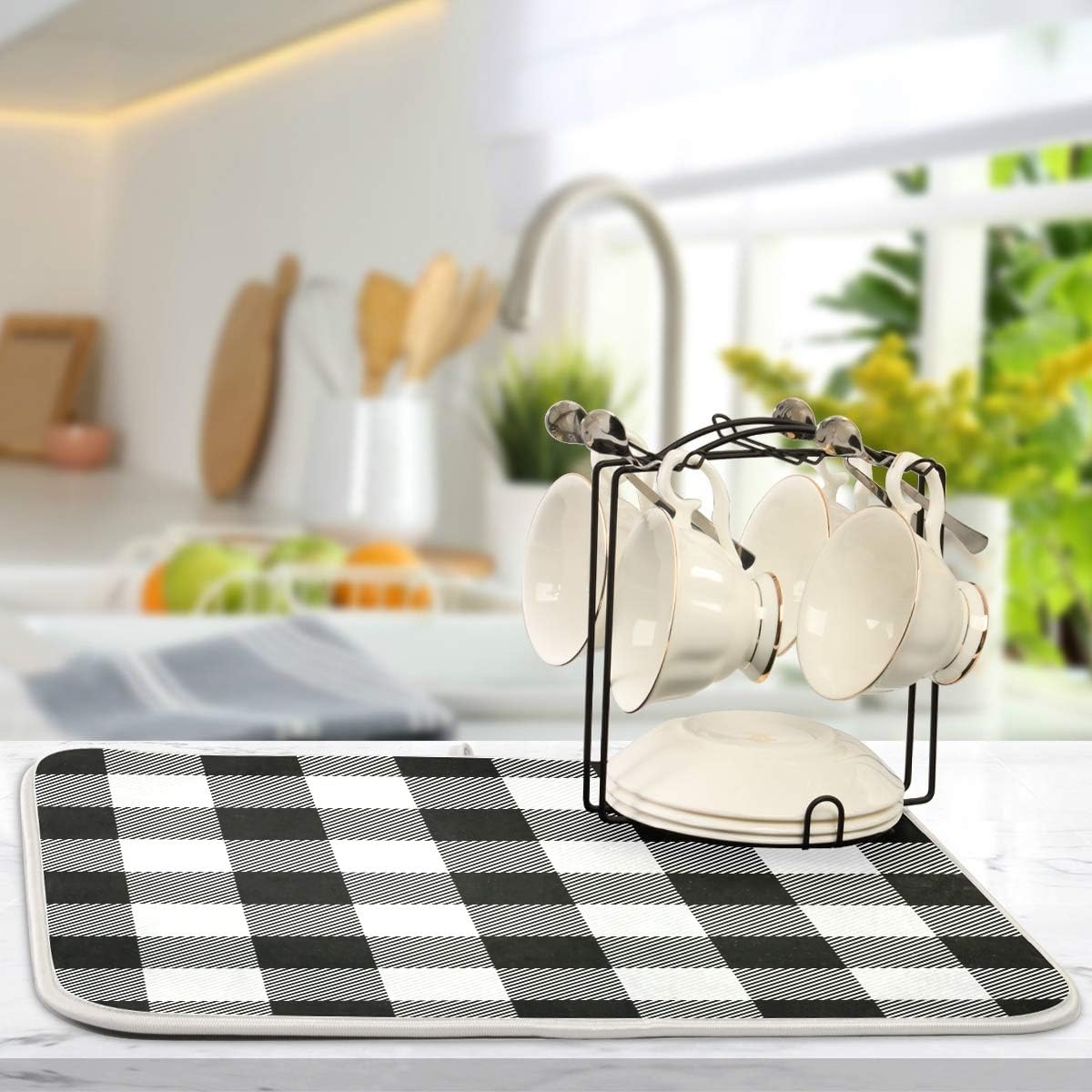 White and Black Buffalo Plaid Dish Drying Mat 16x18 for Kitchen Classic Buffalo Check Dishes Pad