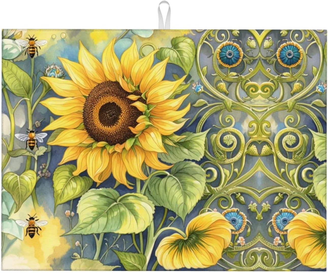 Sunflower Bee Dish Drying Mat Highly Absorbent Double-Sided Microfiber with Hanging Loop Reversible