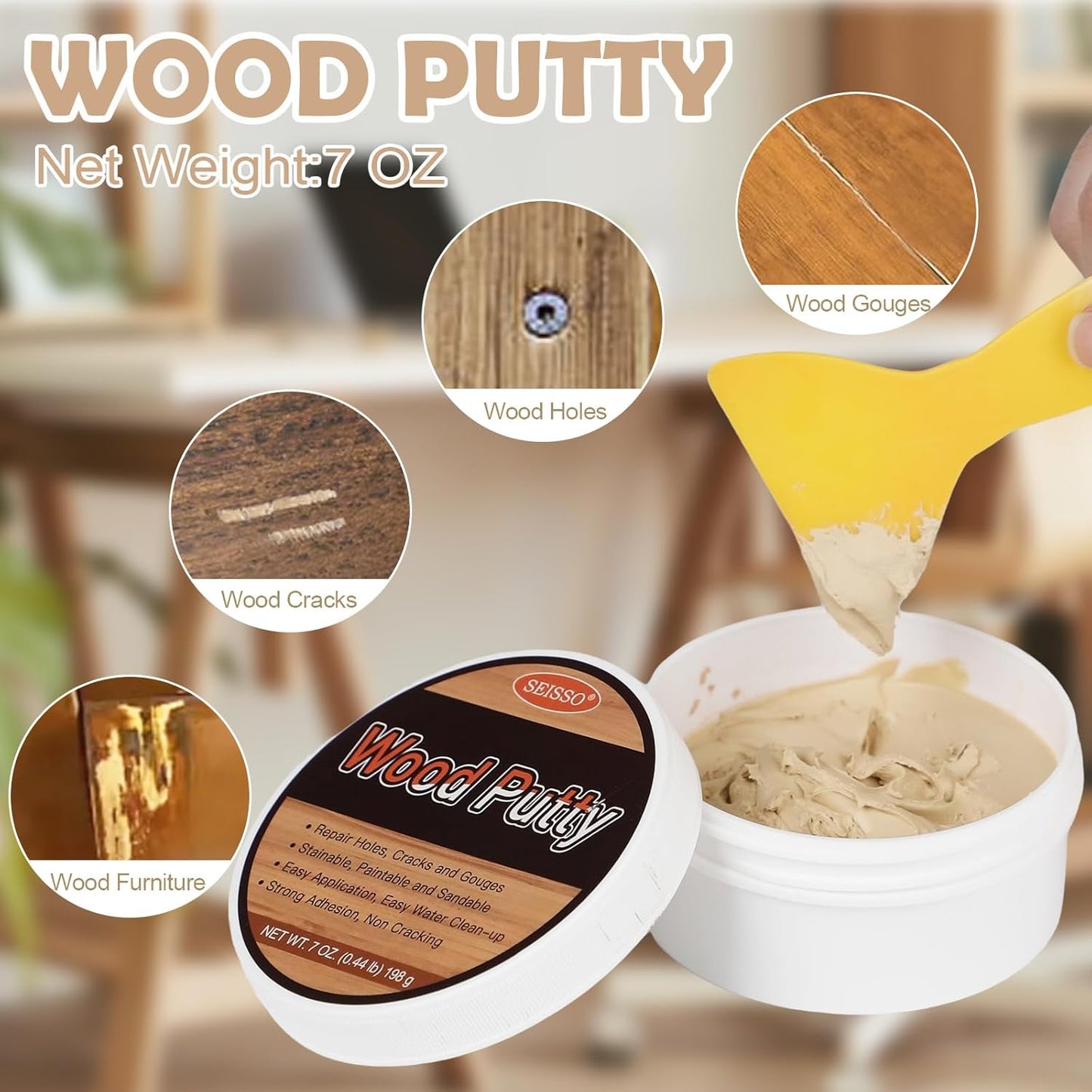 SEISSO Wood Putty, Golden Oak Wood Filler Paintable, Wood Putty Outdoor Waterproof, Wood Repair