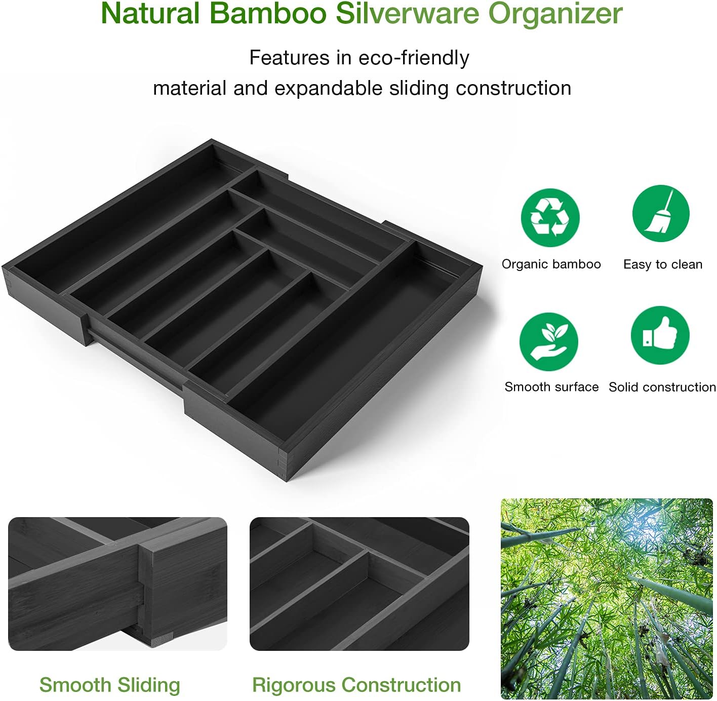 Pipishell Bamboo Expandable Drawer Organizer for Utensils Holder, Adjustable Cutlery Tray, Wood