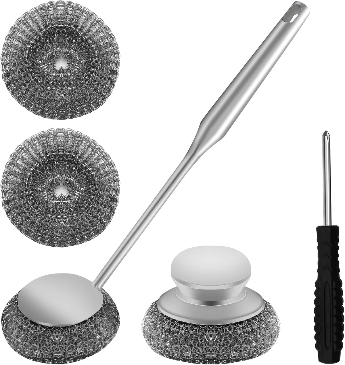 2Pcs Stainless Steel Wool Scrubber Sets, Dish Scrubber with Long Short Handle Stainless Steel
