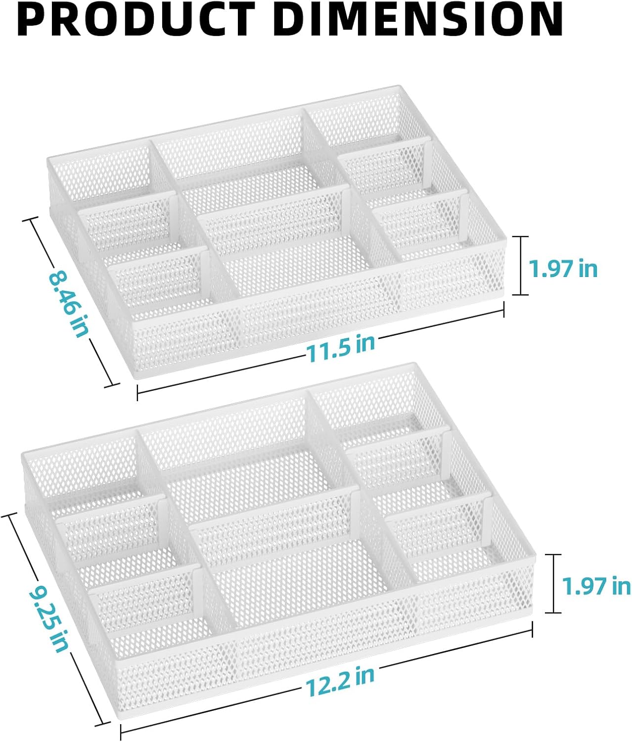 Marbrasse 2 Pack Desk Drawer Organizer, Mesh Drawer Organizer Tray with 8 Adjustable Compartments