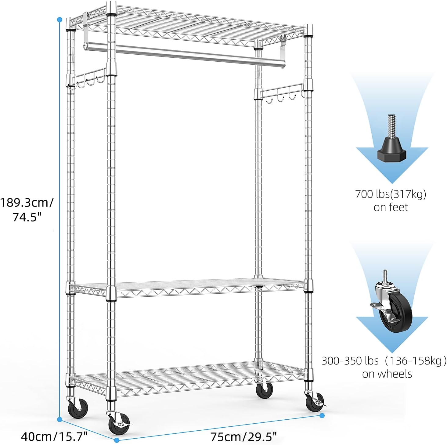 Heavy Duty Rolling Garment Rack 3 Tiers Adjustable Wire Shelving Clothes Rack with Rods and Side