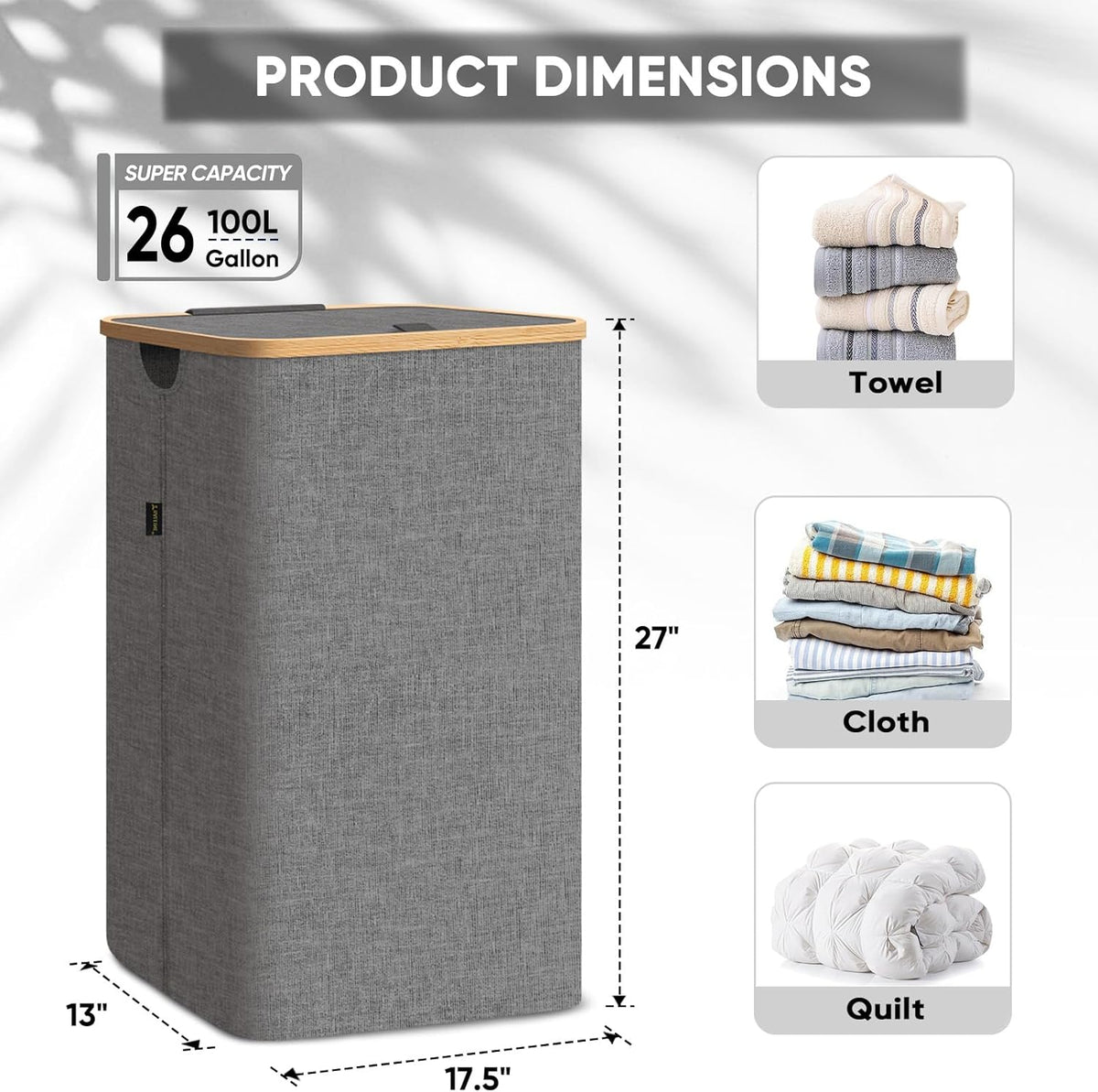 BALEINE Laundry Hamper with Lid, Tall Laundry Baskets with Bamboo Pull Handles, Large Laundry Bin
