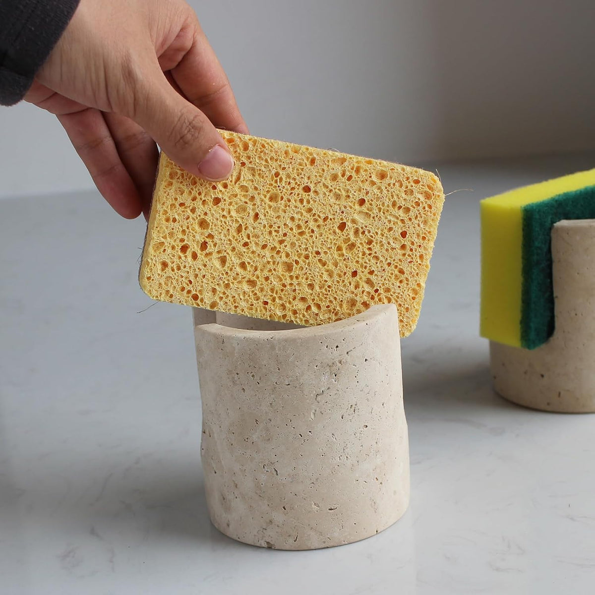 Natural Travertine Sponge Holder for Kitchen Sink, Drying Rack, Compact Sink Caddy Organizer (Beige