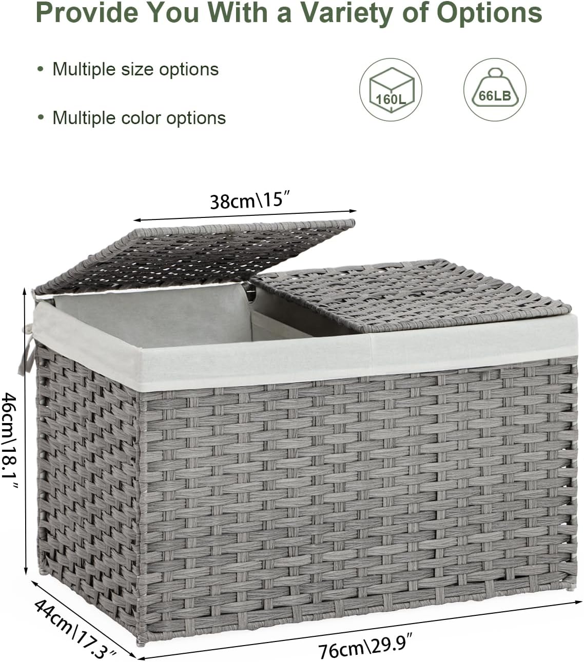 Storage Basket with Lid Wicker Baskets for Storage with 2 Separate Lid 42.3 Gallon (160 L) 29.9 x