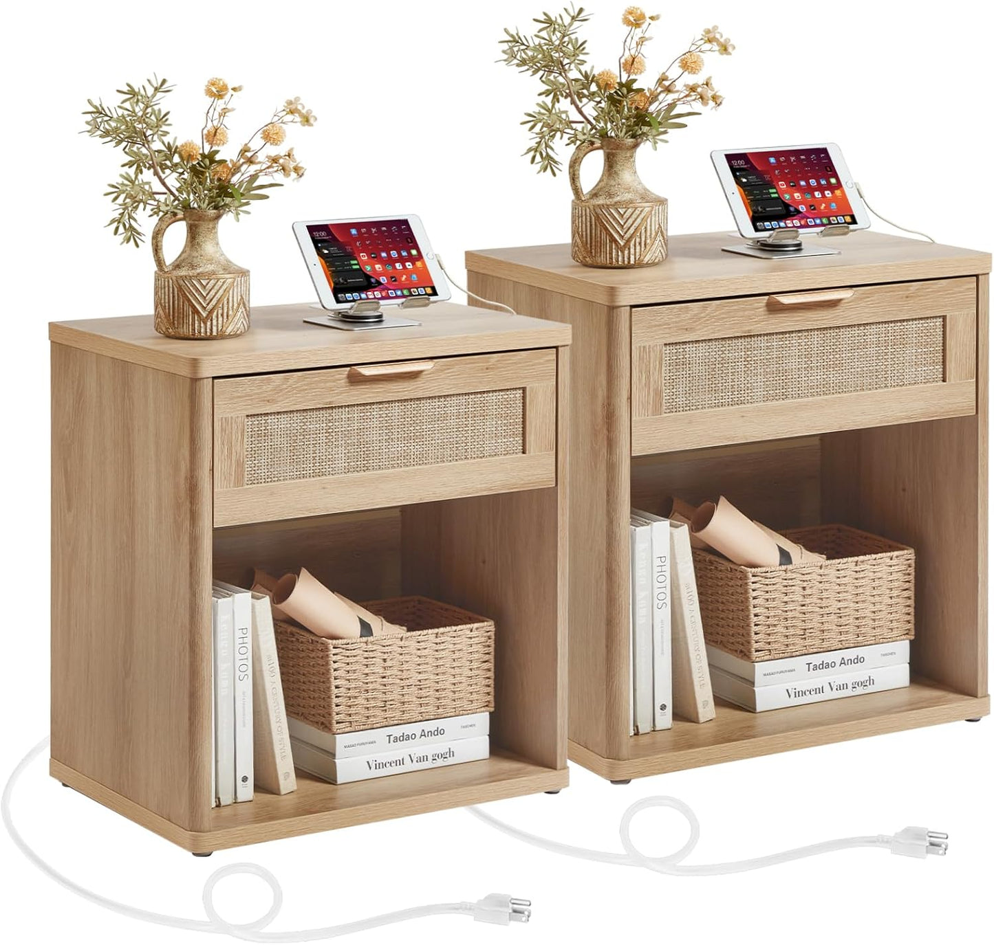 LEYAOYAO Rattan Nightstands Set of 2 with Charging Station, 23" Wide Boho Night Stand with Drawer