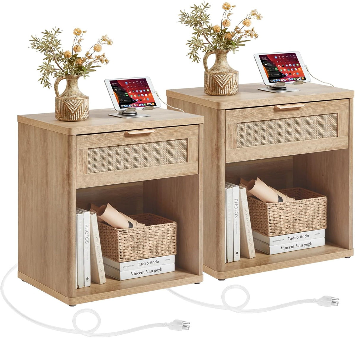 LEYAOYAO Rattan Nightstands Set of 2 with Charging Station, 23" Wide Boho Night Stand with Drawer