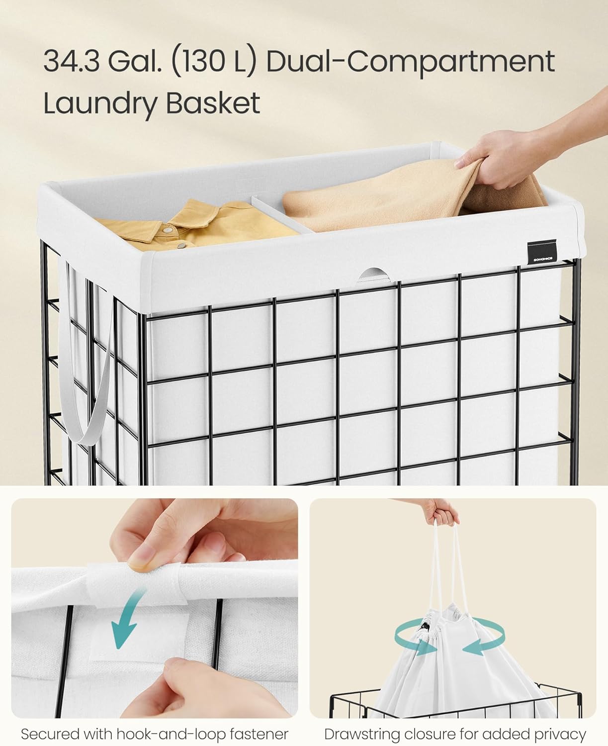 SONGMICS Laundry Hamper, 34.3 Gal. (130L) Laundry Basket, Collapsible Clothes Hamper, Removable and