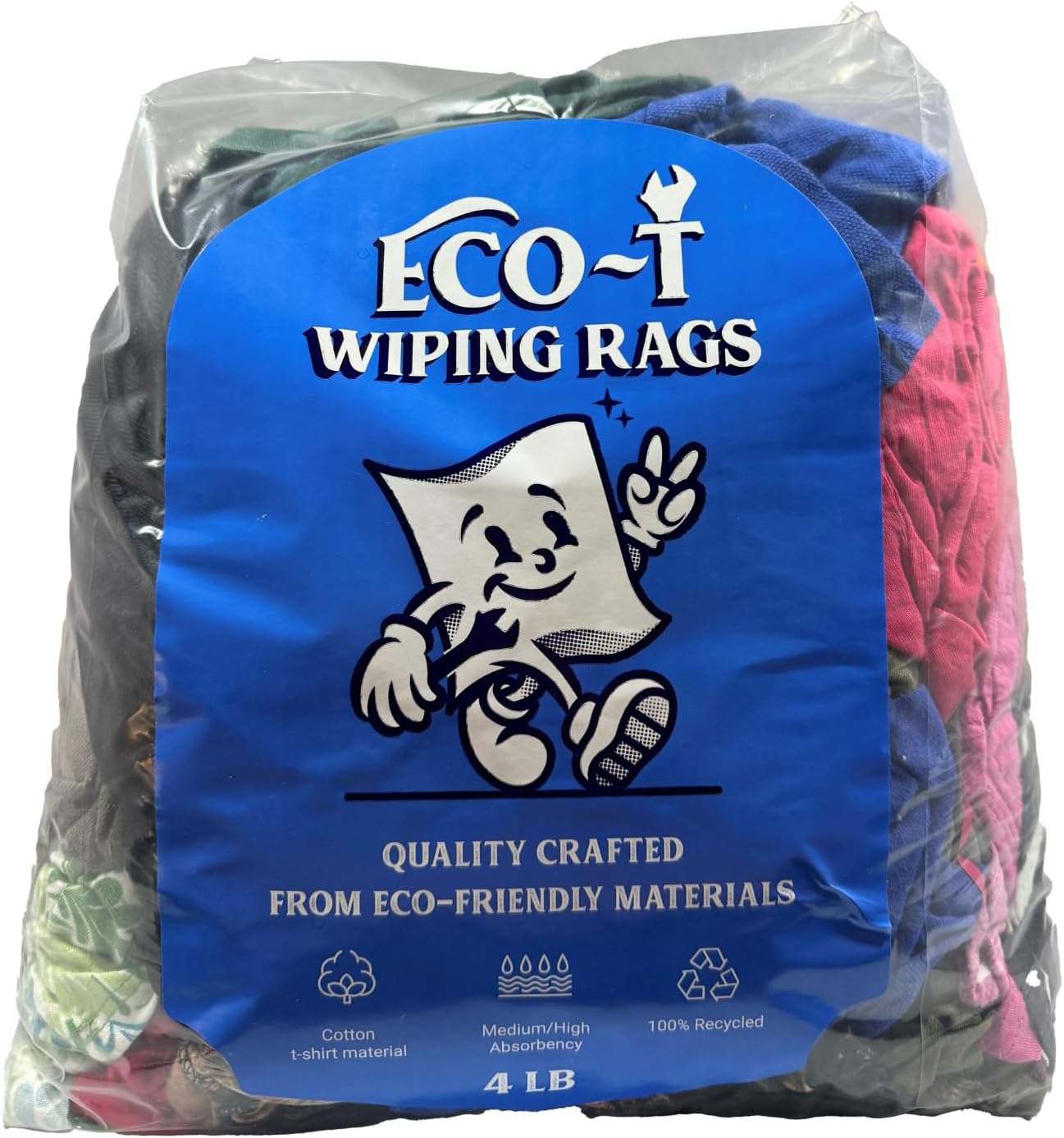 4 Lb Bag Eco-T Mechanic Shop Rags - Colored T-Shirt Material, 100% Recycled, Eco-Friendly, High