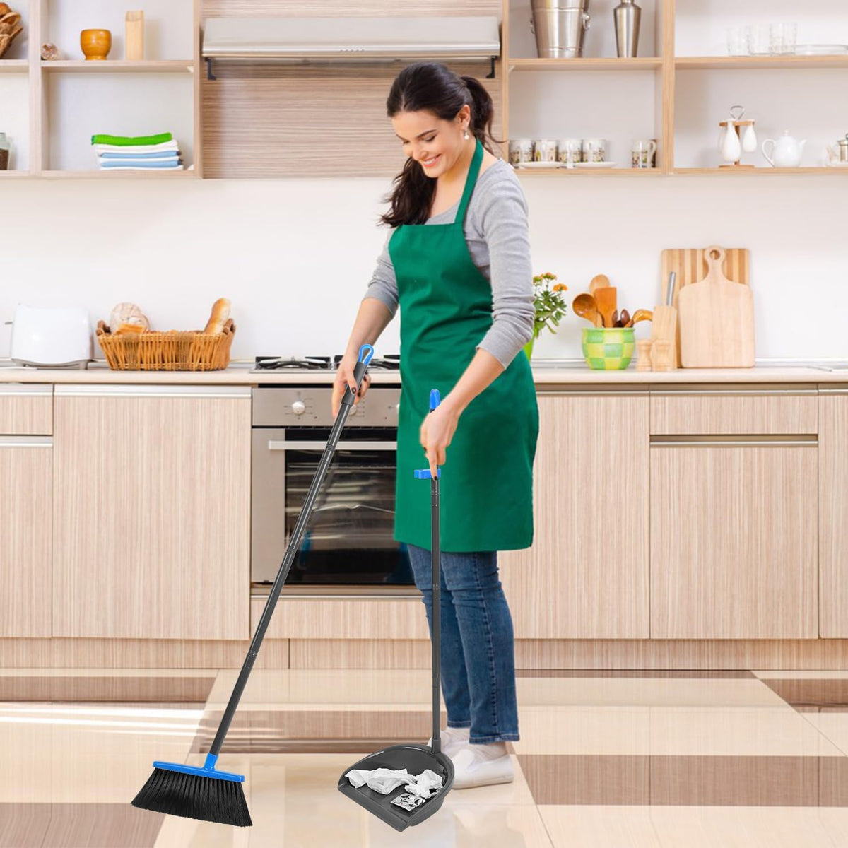 Broom and Dustpan Set ，Long Handle Broom with Upright Standing Dust pan for Indoor Outdoor Home