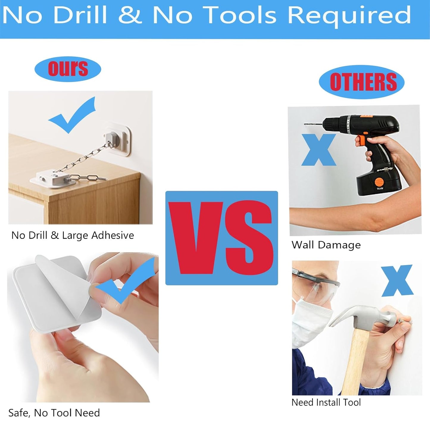 YEYA Anti-Tip No Drill Furniture Anchor with 3M Adhesive 10" Adjustable Straps, Baby Proofing Wall