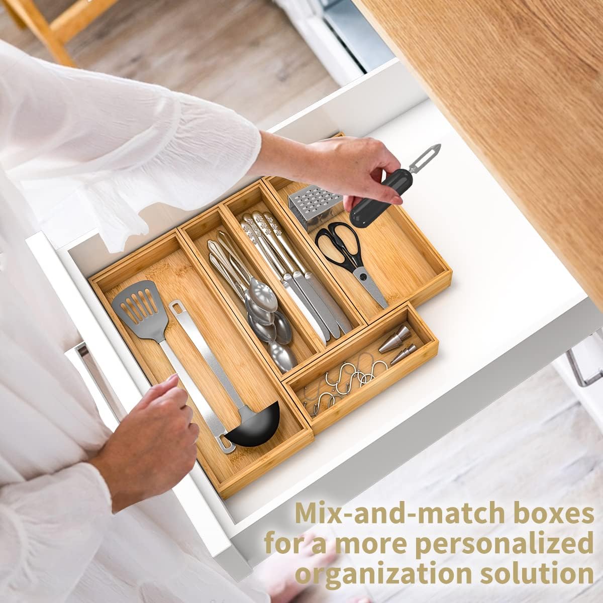 Bamboo Kitchen Drawer Organizer, Stackable Silverware Tray Utensil Organizer Cutlery Holder for