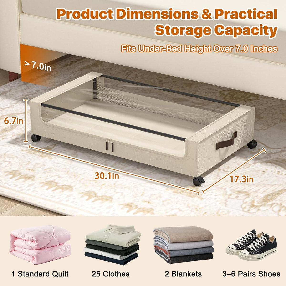 Under Bed Storage with Wheels,XXL 60L Under Bed Storage Containers with Clear Lids, Rolling Under