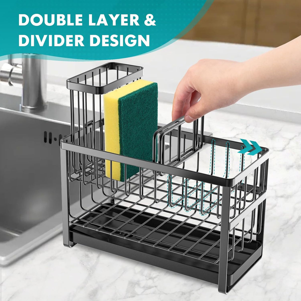 Sinnsally Kitchen Sponge Holder,2 Tier Sink Caddy Organizer with High Brush Holder,Stainless Steel