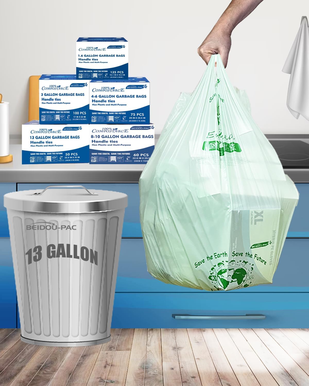 13 Gallon Compostable Tall Kitchen Trash Bags with Handle, 50 Count, Sturdy Biodegradable Garbage