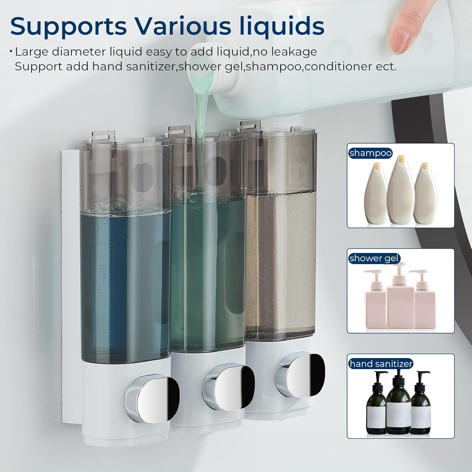 Shampoo and Conditioner Dispenser, Shower Soap Dispenser 3 Chamber No Drill Shampoo Dispenser for