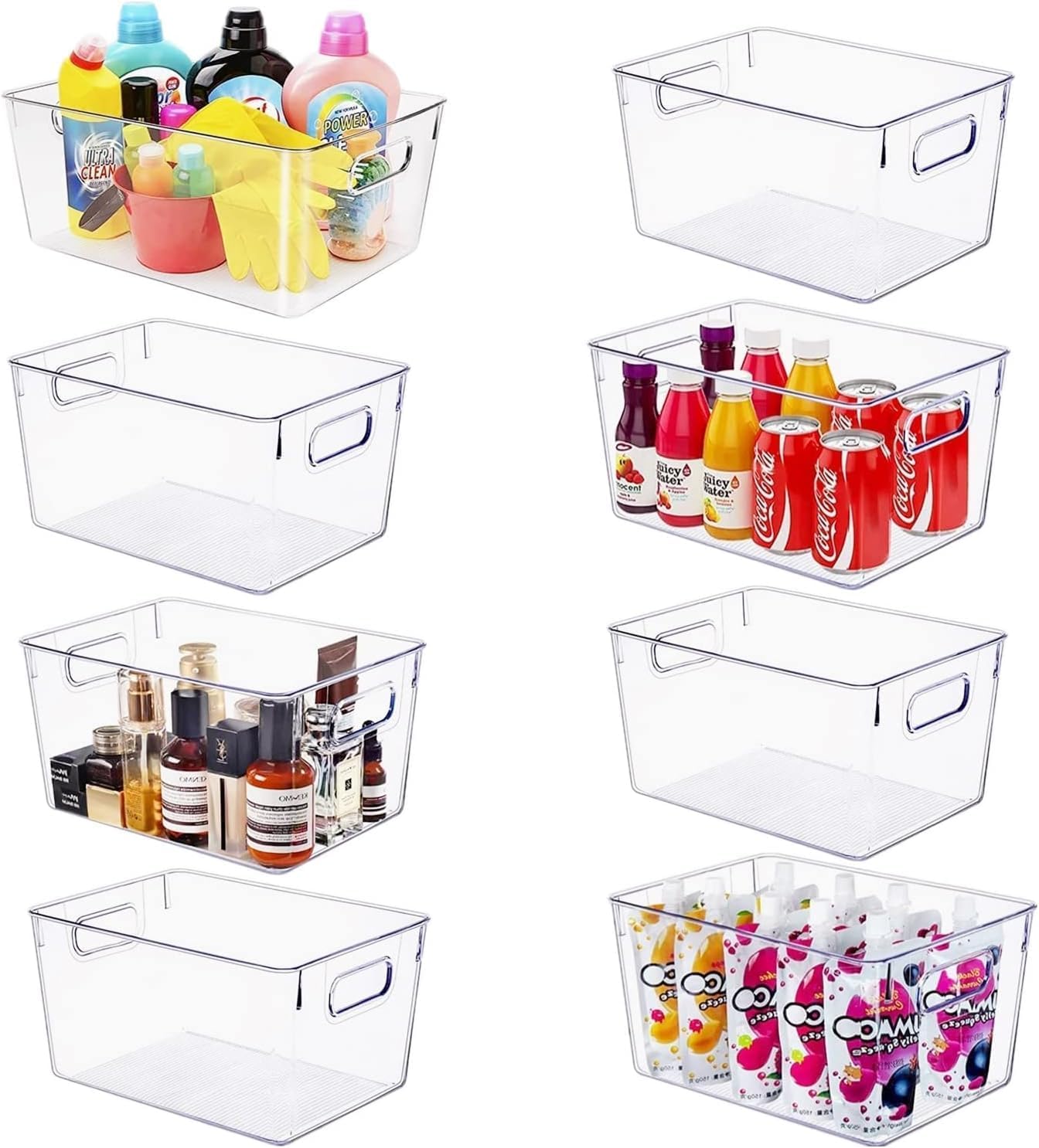 Set of 8 Large Clear Plastic Storage Bins (8L), Storage Containers for Pantry Organization and
