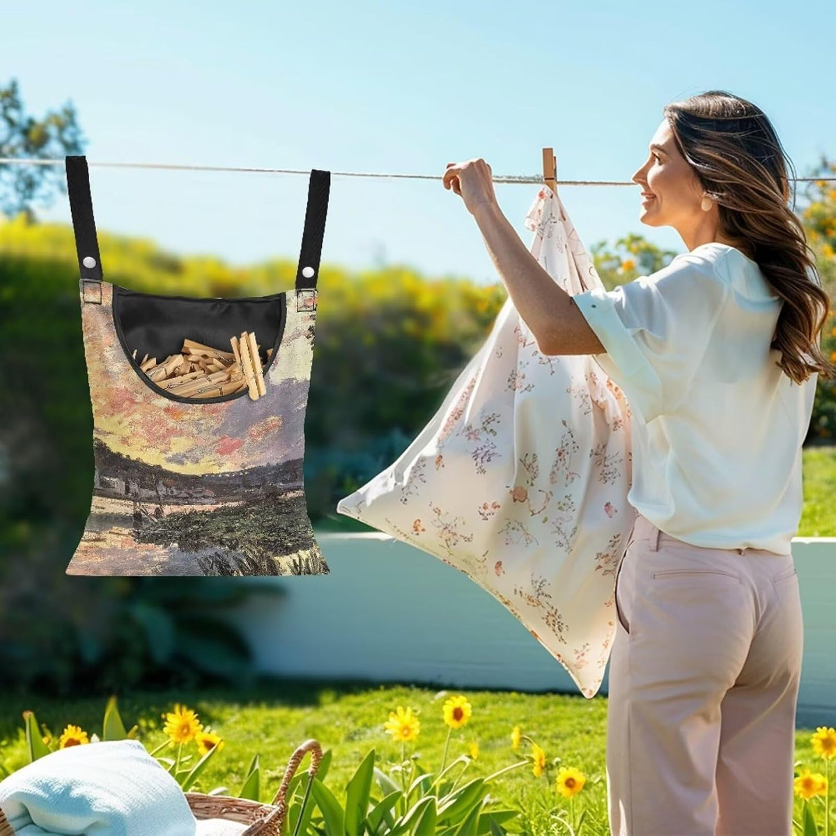 All-Weather Clothespin Holder Bag - Bennecourt, Soleil Couchant Durable Outdoor Storage Solution