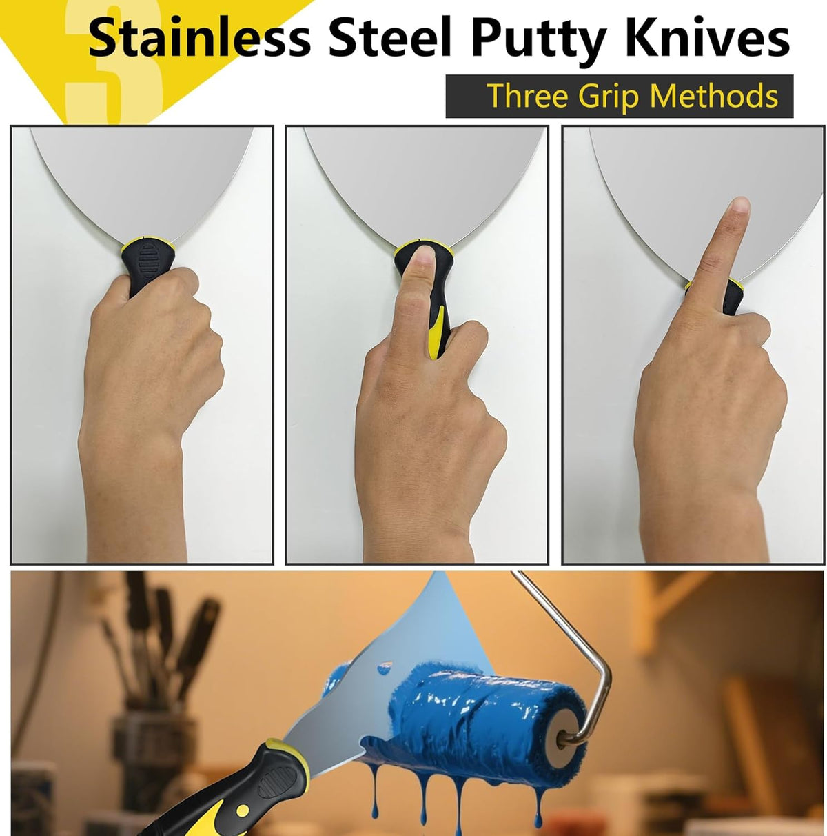 Spackle Knife Set, 5 PCS Stainless Steel Putty Knife Set Include 4 Paint Scrapers and 1 Multi