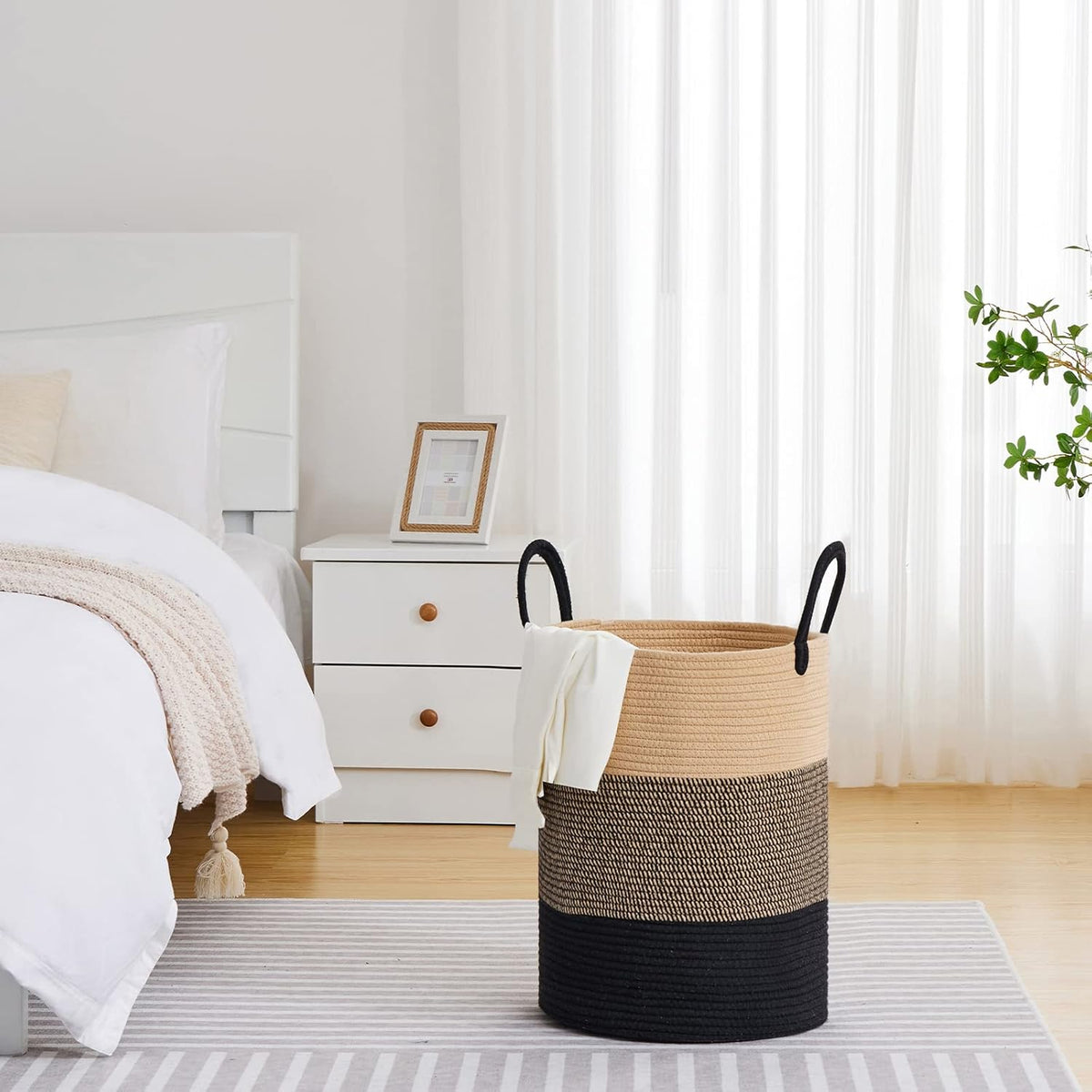 VIPOSCO Large Laundry Hamper, Tall Woven Rope Storage Basket for Blanket, Toys, Dirty Clothes in