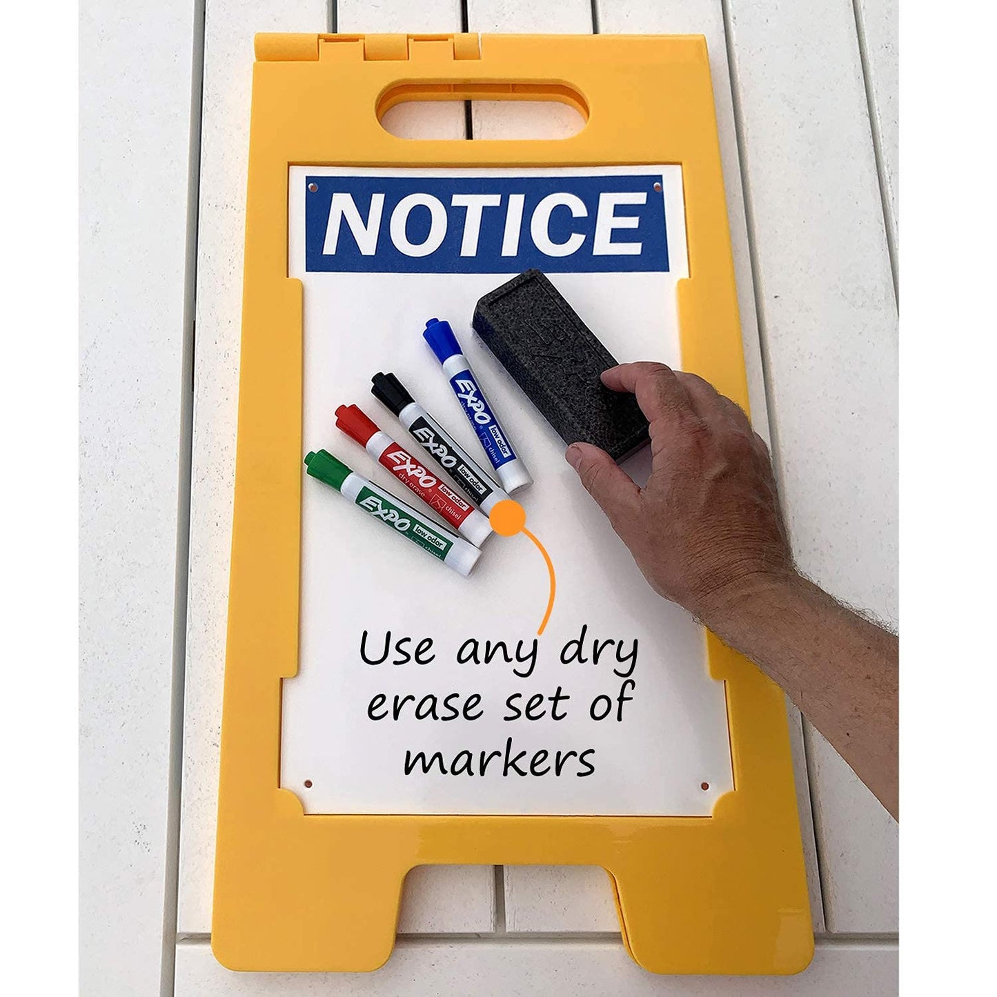 SmartSign 25 x 12 inch “Notice” Write-On Two-Sided Folding Floor Sign, Dry Erase, Digitally Printed