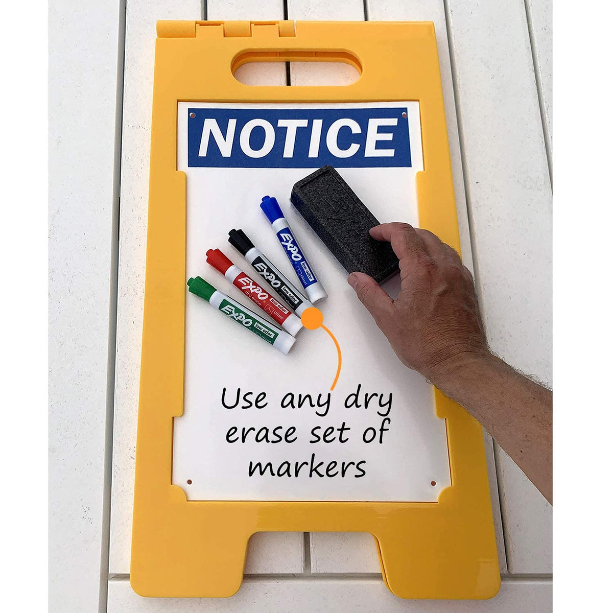 SmartSign 25 x 12 inch “Notice” Write-On Two-Sided Folding Floor Sign, Dry Erase, Digitally Printed