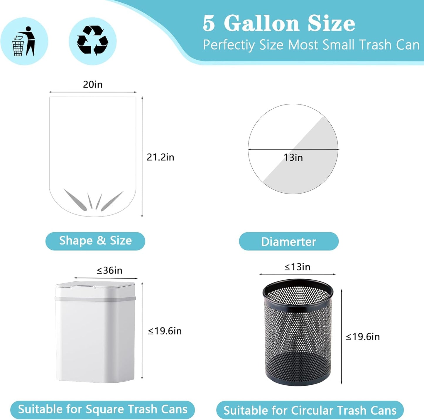 500 Count 5 Gallon Trash Bags, Strong Small Garbage Bags, Bathroom Trash Can Bin Liners, 4-6 Gallon