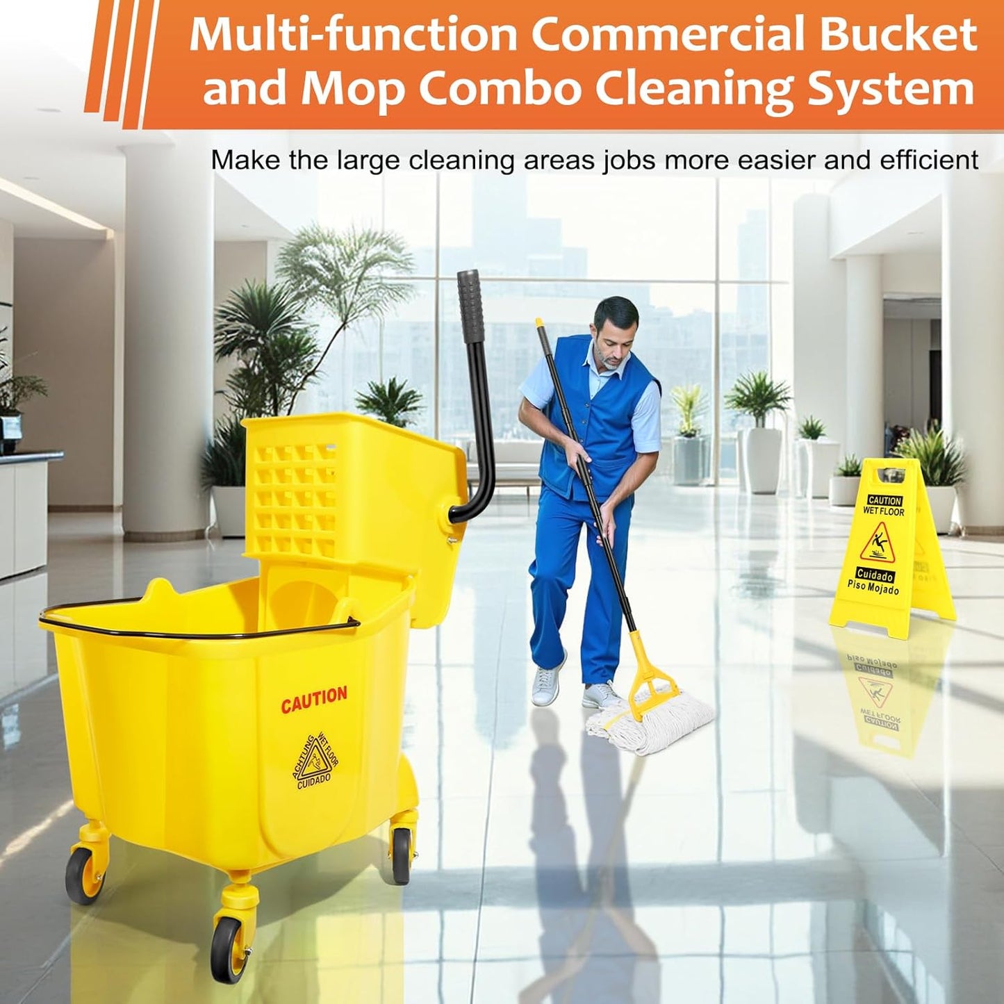 38 Qt Commercial Mop Bucket with Side Press Wringer on Wheels and Mops Set for Floor
