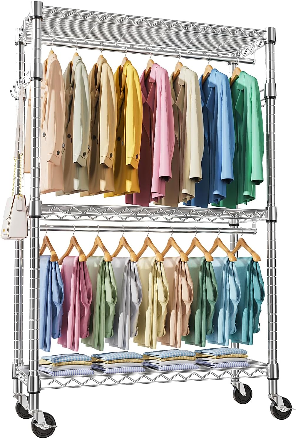 Heavy Duty Rolling Garment Rack 3 Tiers Adjustable Wire Shelving Clothes Rack with 2 Rods and Side