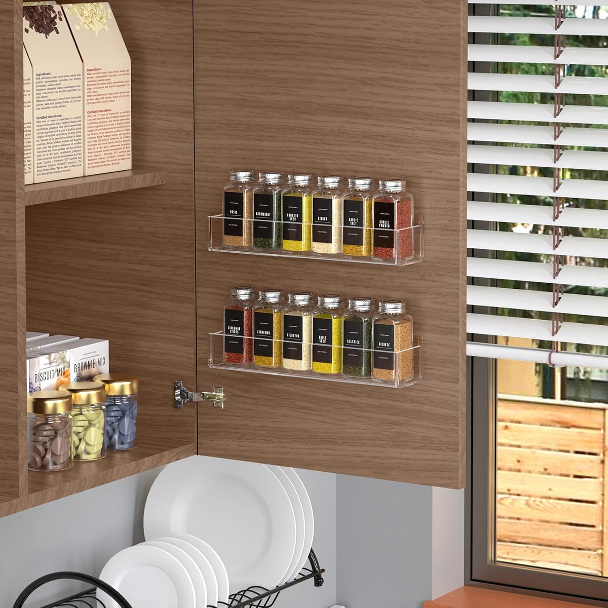 PMMASTO Adhesive Acrylic Spice Rack Organizer with 12 Empty Square Spice Jars, 238 Spice Labels