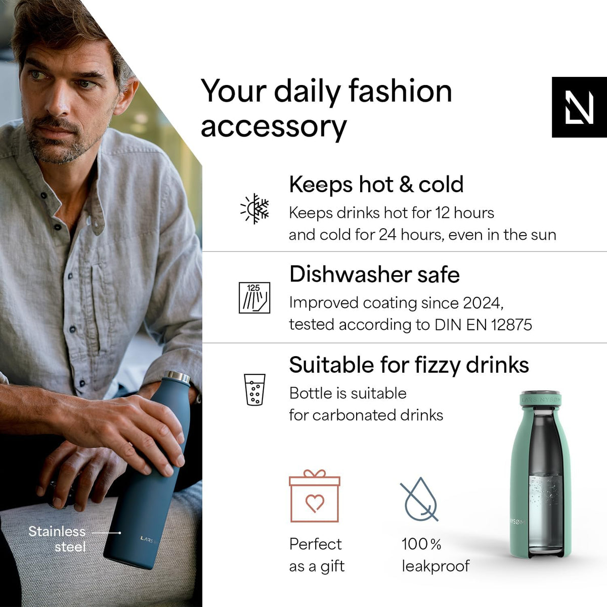 LARS NYSØM Stainless Steel Insulated Water Bottle 12oz 17oz 25oz 34oz 51oz | Insulated Thermo Flask