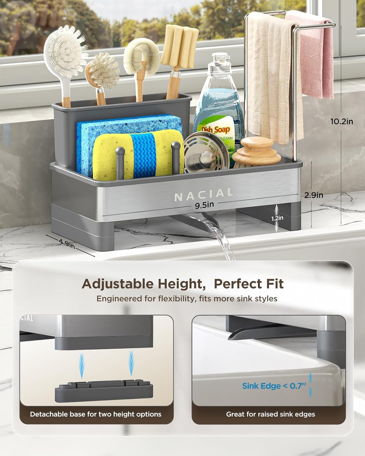Nacial Sponge Holder for Kitchen Sink, Sink Caddy Organizer with High Brush Holder, Two Towel Racks