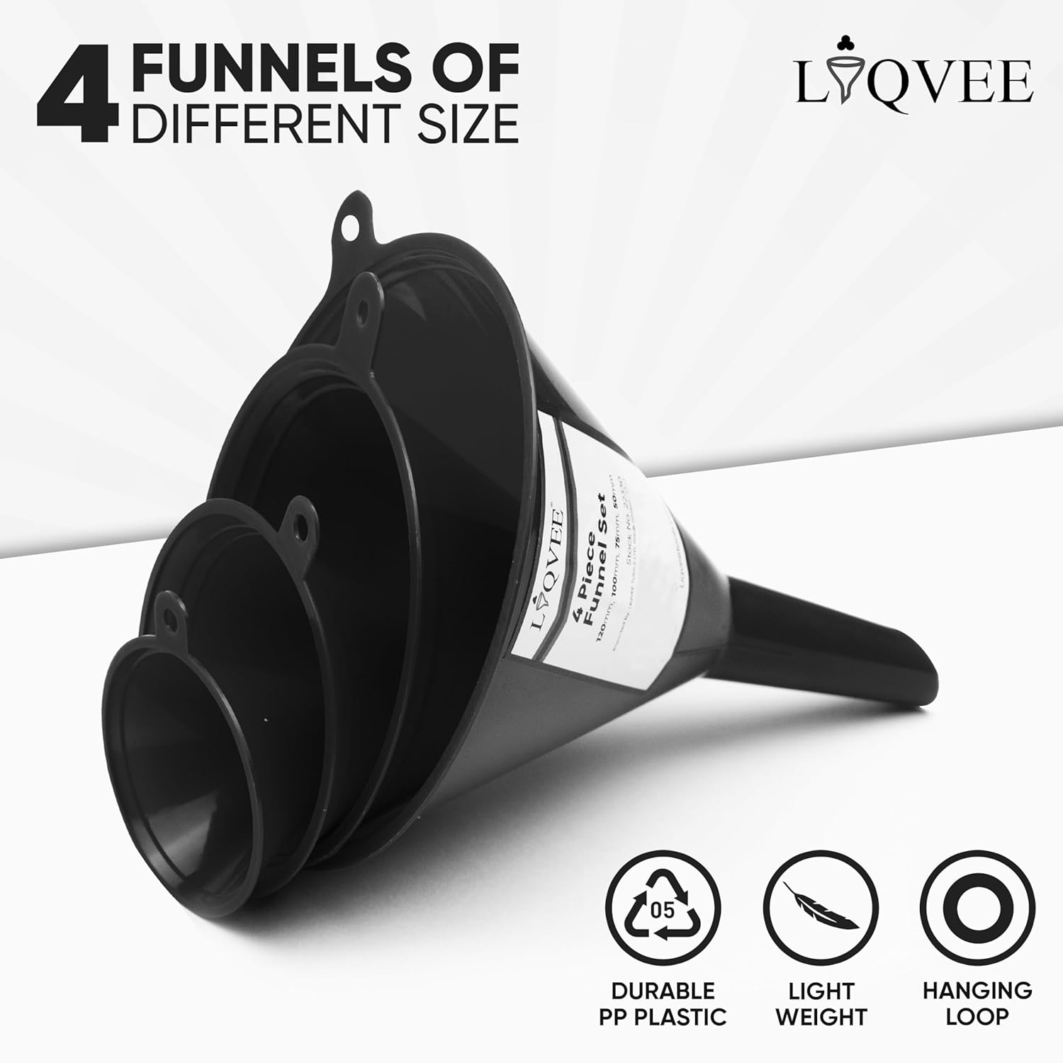 Funnels for Kitchen Use – Black Set in 4 Sizes (122, 101, 76 & 50mm) | Durable, Non-Toxic Food