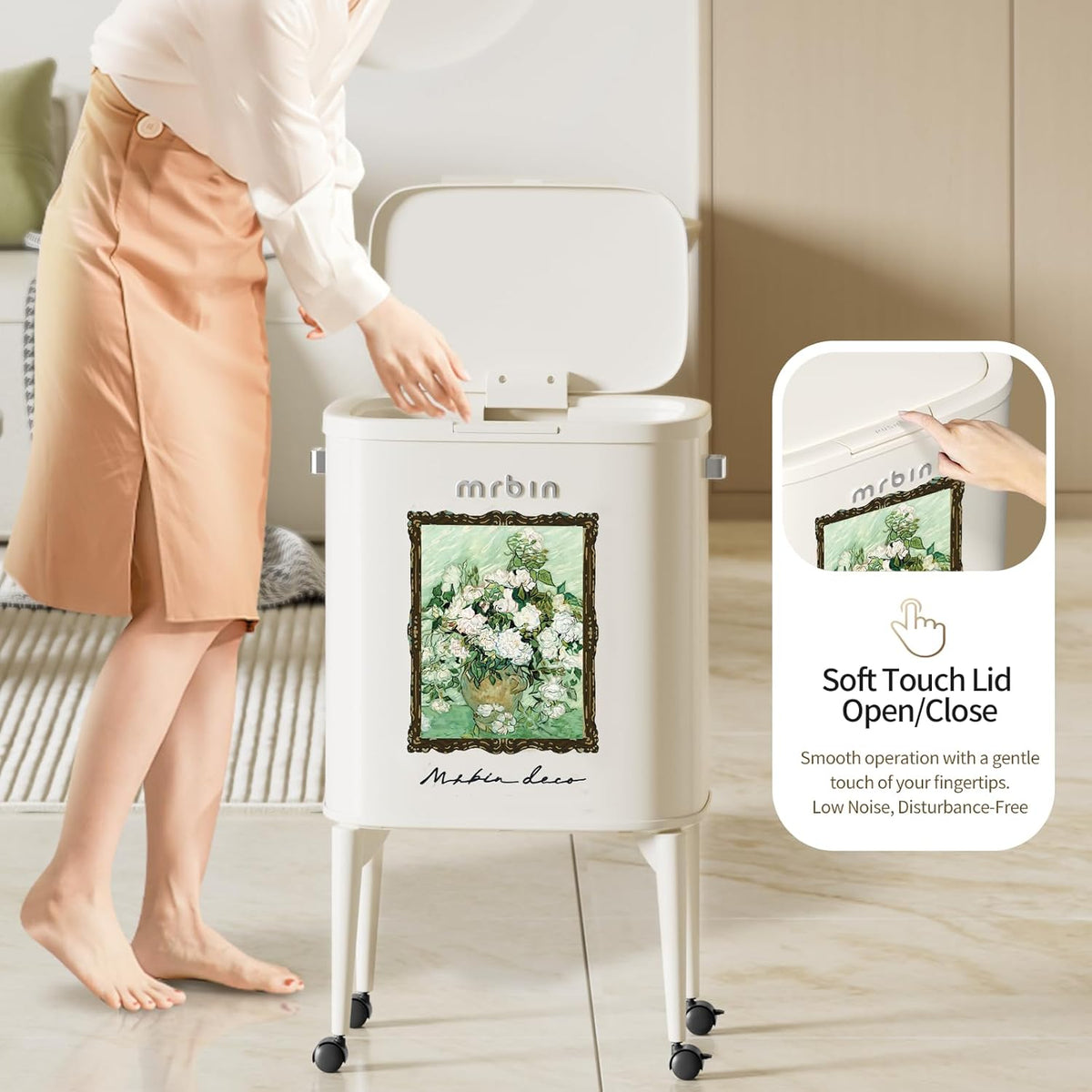 MRBIN Metal Kitchen Trash Can with Wheel Legs, 36L / 9.5gal Medium Press Lid Slim Removable Waste