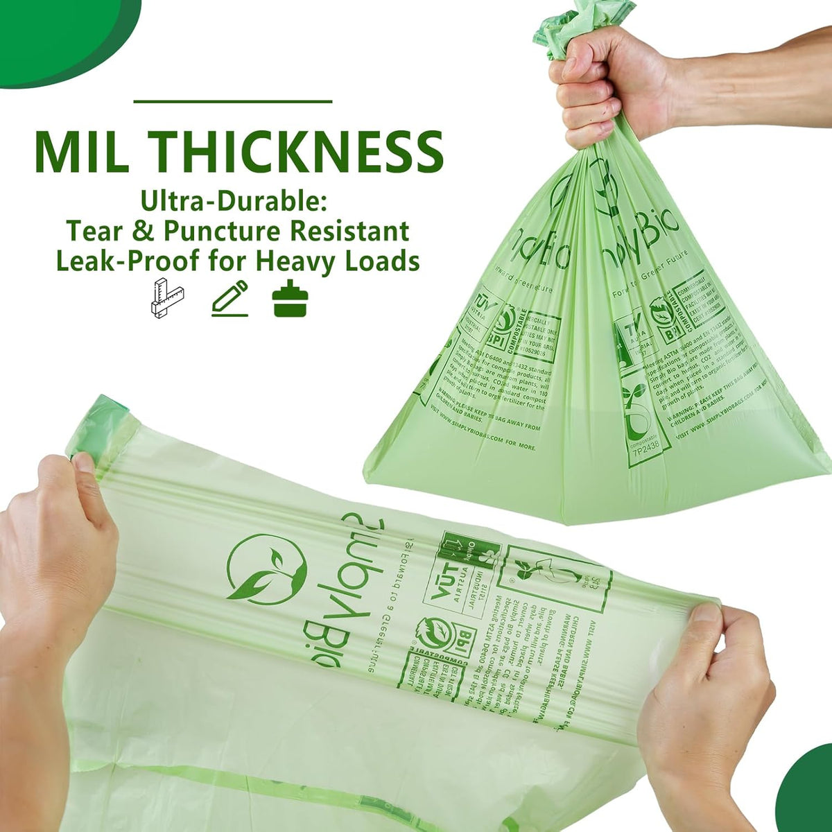 3 Gallon Compostable Trash Bags Drawstring, Heavy Duty Extra Thick 1 Mil, 11.36 Liter, 50 Bags