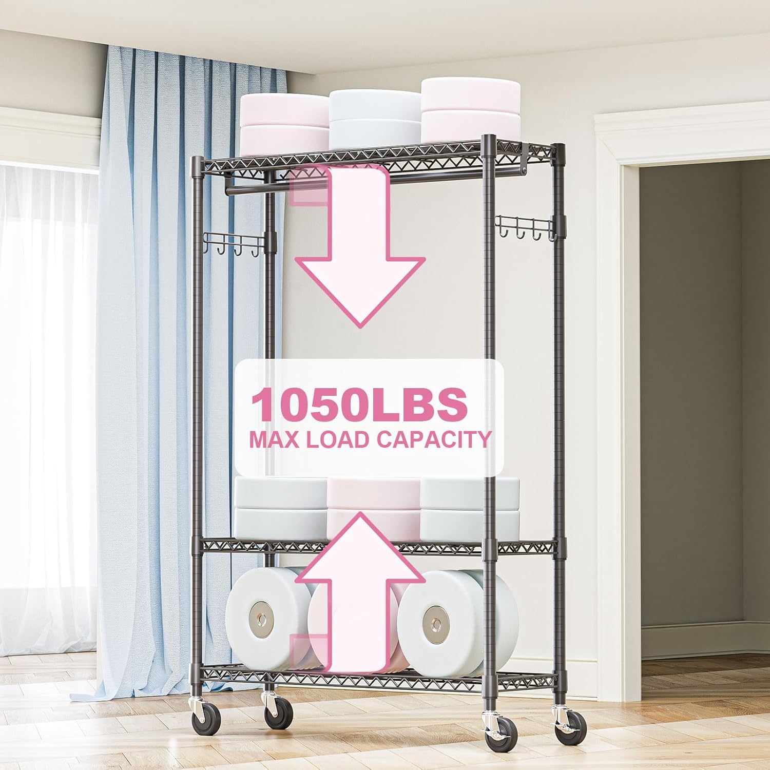Heavy Duty Rolling Garment Rack 3 Tiers Adjustable Wire Shelving Clothes Rack with 1 Rods and Side