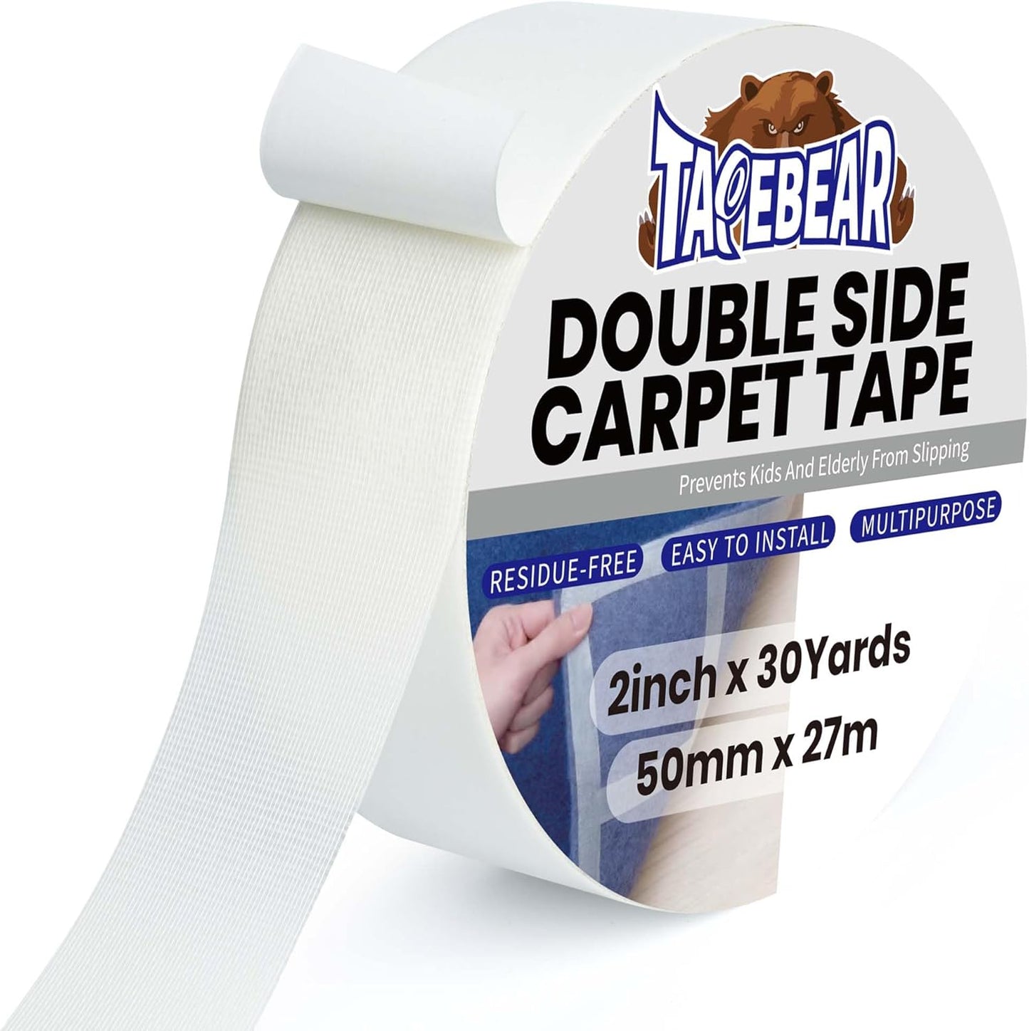 TAPEBEAR Carpet Tape Double Sided 2Inch x 30Yards, Heavy Duty Rug Gripper Anti Slip Anti Curling