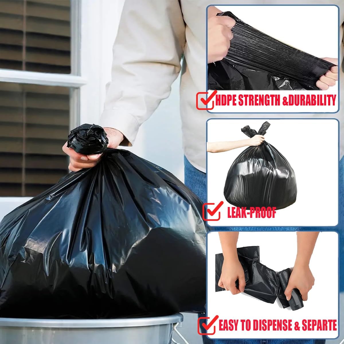 8-10 Gallon Trash Bags, 150 Count Black Garbage bags, Multi-purpose Trash Can Bin Liners for