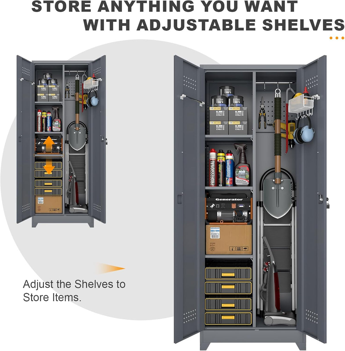 Broom Closet Storage Cabinet, Steel Locking Cabinet with Hanging Rod, 65" Cleaning Storage with