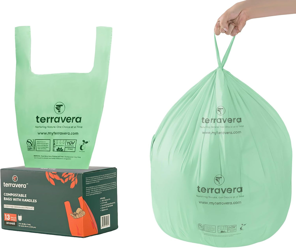 13 Gallon Compostable Trash Bags - Handle Tie | Extra Thick 1 mil|BPI & OK Home Certified ASTM
