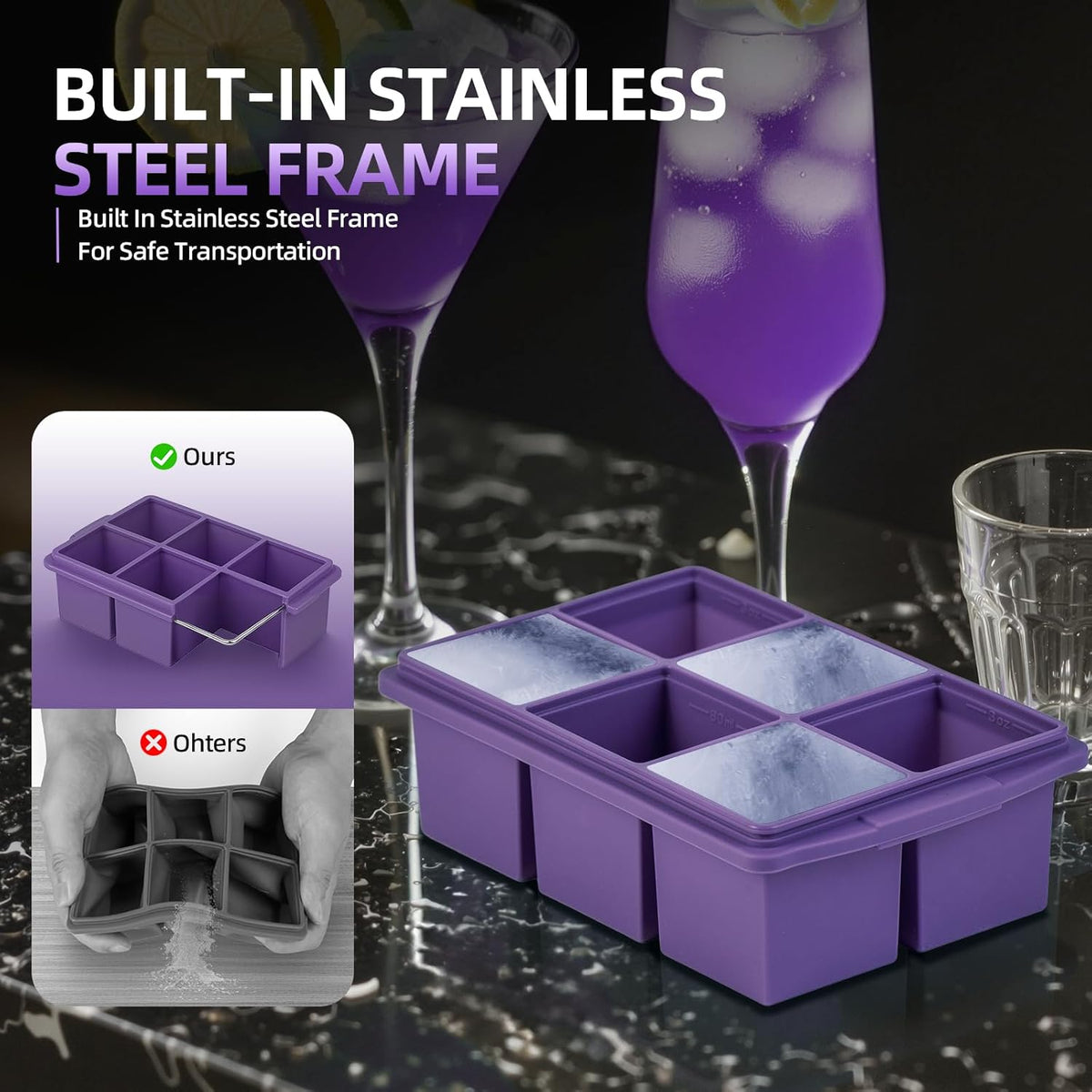 Large Ice Cube Trays for Whiskey (2 Pack) - Silicone Ice Cube Molds with Steel Frame Reinforcement