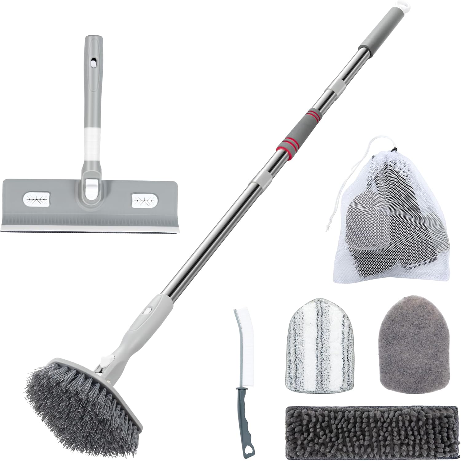 Tile Tub Floor Cleaner Scrubber With Long Handle - 5-in-1 Shower Brush Set for Bathroom, Kitchen