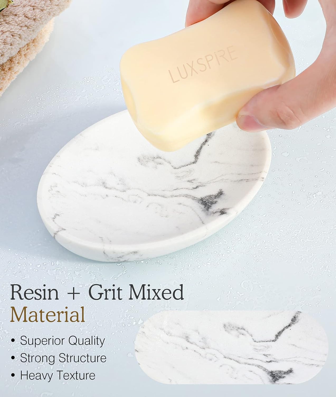 Luxspire Soap Dish, Resin Soap Tray Soap Holder Container Box, Marble Pattern Oval Soap Plate Case