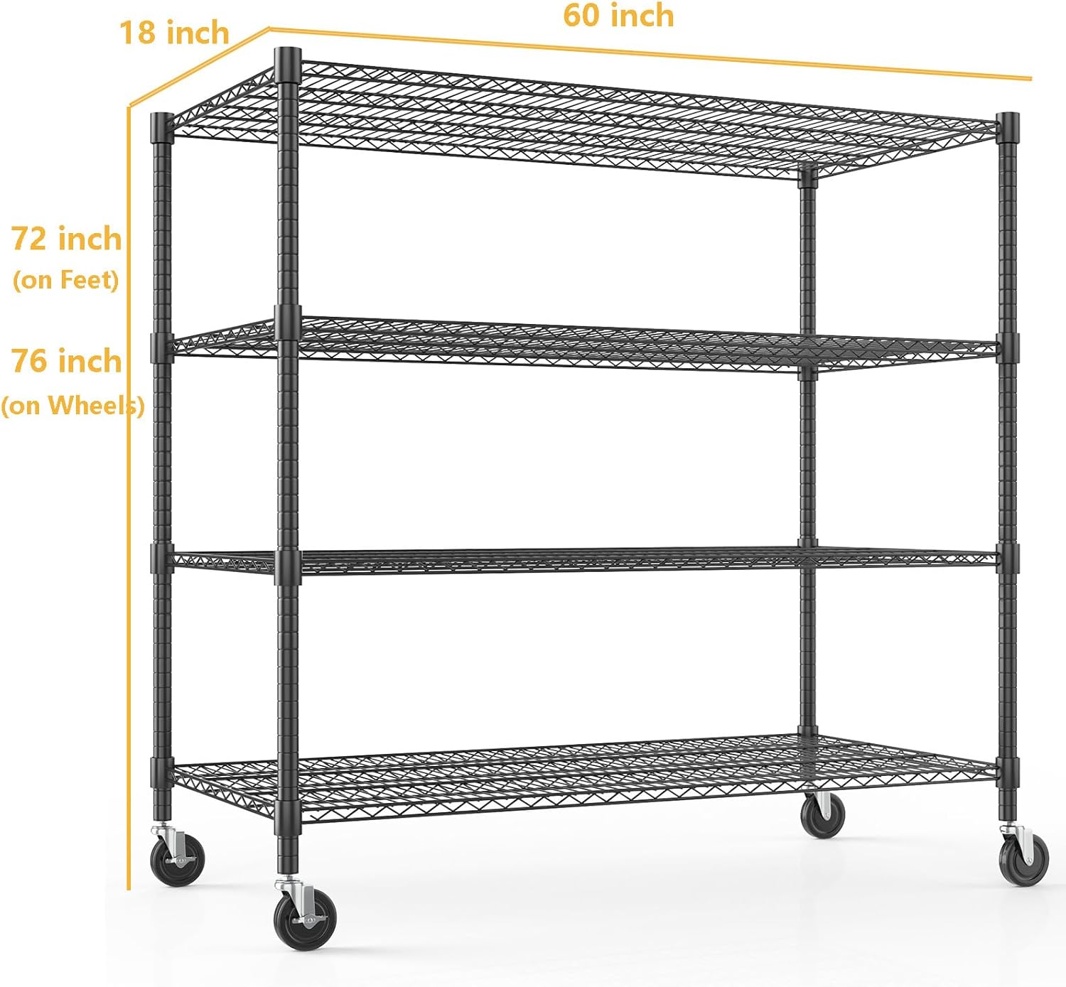 Himimi Storage Shelves with Wheels, 4-Tier Heavy Duty Steel Wire Rack Storage Shelving, Adjustable