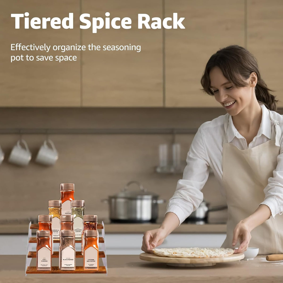 nianfeng Tiered Spice Rack, 4-Tier Spice Pantry Kitchen Cabinet Organizer, 12-Inch, Natural Wood