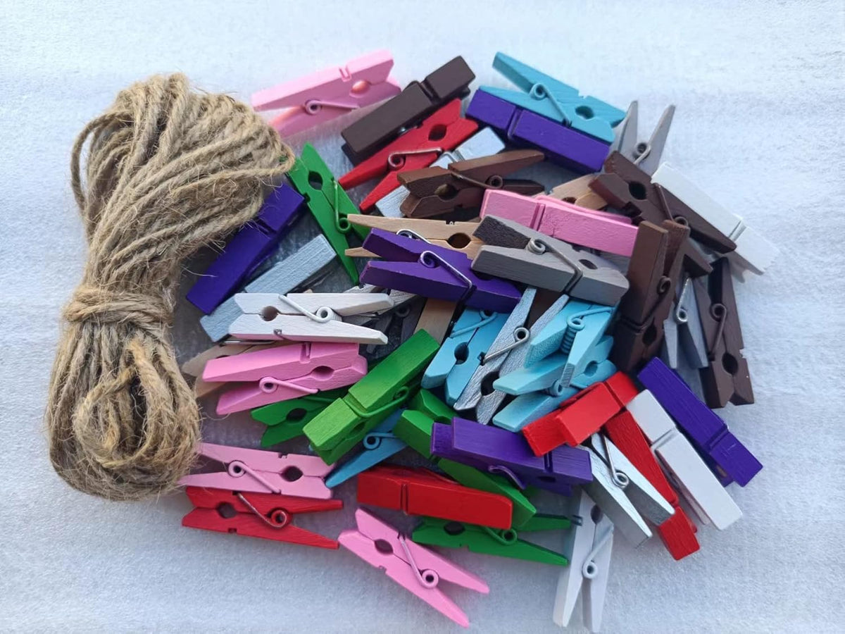 Durreus Colorful Small Clothes Pins Photos String Display with Clips Art Hanging Kit for Artwork