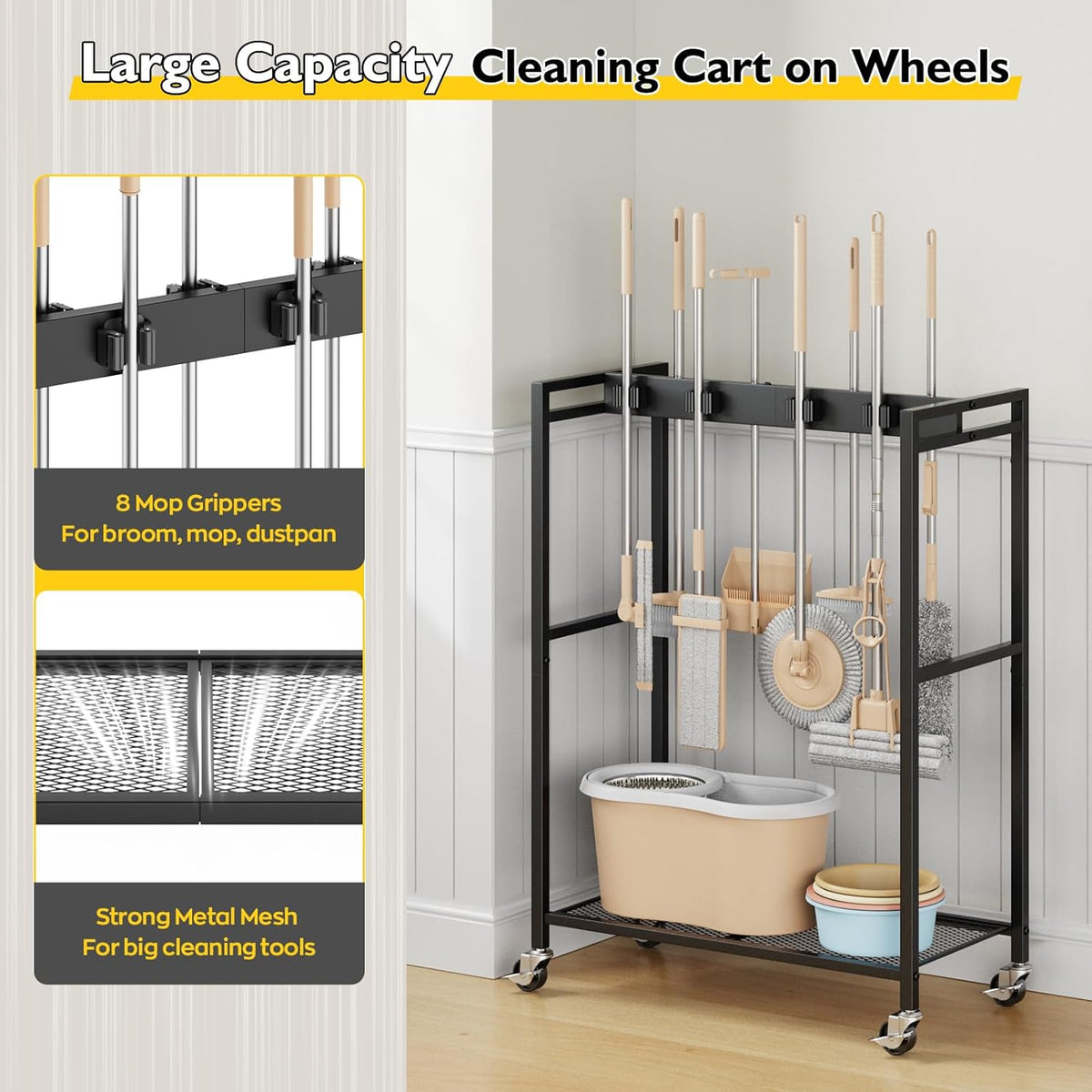BORISI Broom And Mop Holder, Movable Broom Closet Storage Cabinet, Cleaning Cart with Mop Hanger